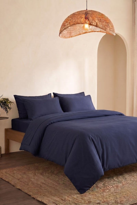 Navy - Classic Cotton Duvet Cover With Pillowcases (300 TC)