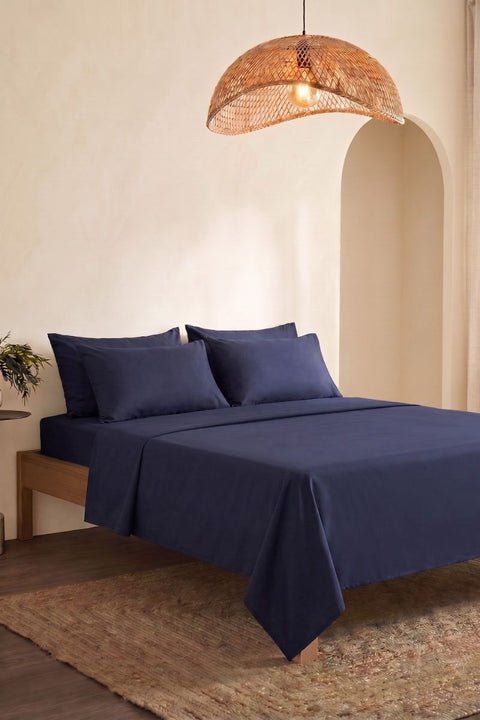 Navy - Classic Cotton Bedsheet with Pillowcases (300 TC)