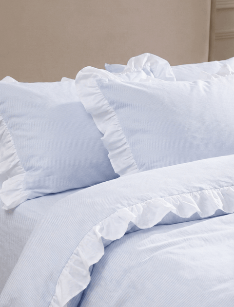 100% Organic Cotton Pin Stripe Ruffle Duvet Cover- Blue & White (300 TC)