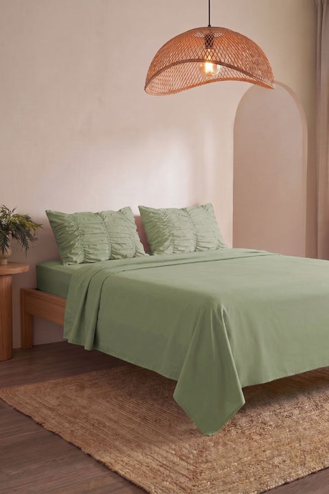 Matcha- Classic Cotton Bedsheet with Gather Pillowcases (300 TC)
