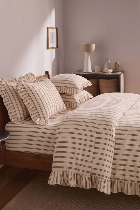 Chai & Biscuit - 100% Organic Cotton Stripe Ruffle Duvet Cover With Pillowcases (300 TC)