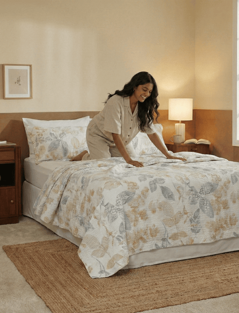 100% Cotton Bedcover in Waffle Weave with Pillow Covers (300 TC)- Floral