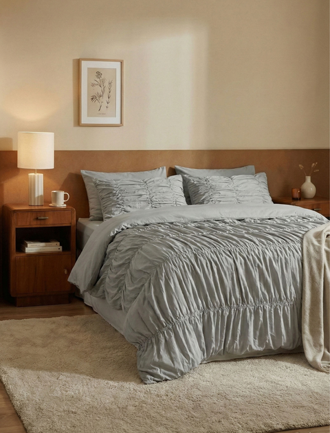 100% Organic Cotton Duvet Cover With Gathers- Grey (300 TC)