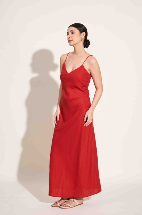 100% Linen Tie Back Slip Dress | Red