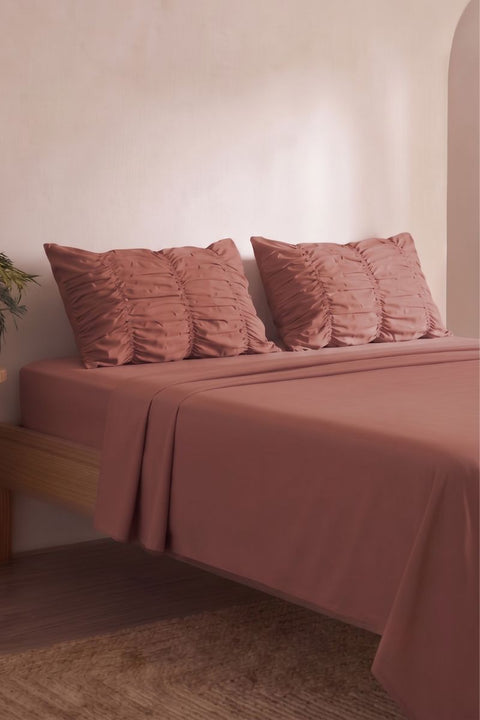 Terracotta- Classic Cotton Bedsheet with Gather Pillowcases (300 TC)