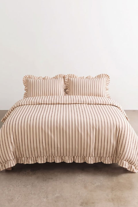 Chai & Biscuit - 100% Organic Cotton Stripe Ruffle Duvet Cover With Pillowcases (300 TC)