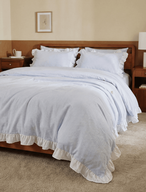 100% Organic Cotton Pin Stripe Ruffle Duvet Cover- Blue & White (300 TC)