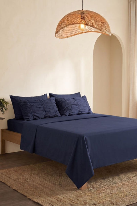 Navy- Classic Cotton Bedsheet with Gather Pillowcases (300 TC)
