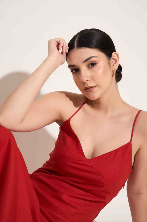 100% Linen Tie Back Slip Dress | Red