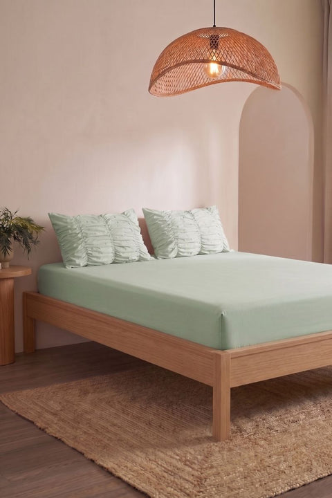 Tea Green- Classic Cotton Bedsheet with Gather Pillowcases (300 TC)