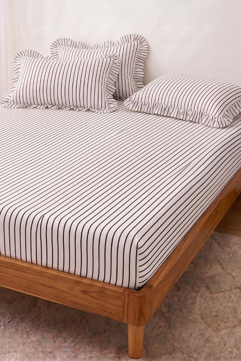 Black & White - 100% Organic Cotton Stripe Bedsheet with Ruffle Pillow Covers (300 TC)