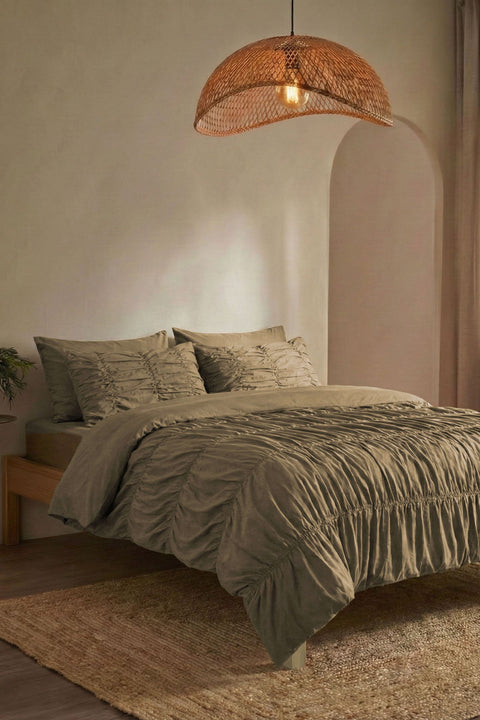 Mocha- Classic Cotton Gather Duvet Cover With Pillowcases (300 TC)