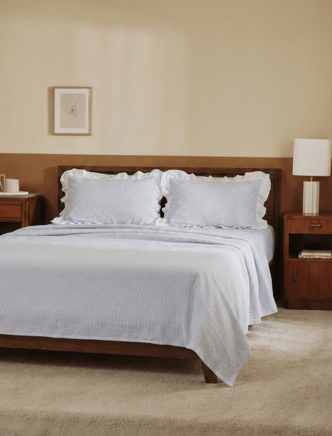 100% Organic Cotton Pin Stripe Bedsheet with Ruffle Pillow Covers (300 TC)- Black & White