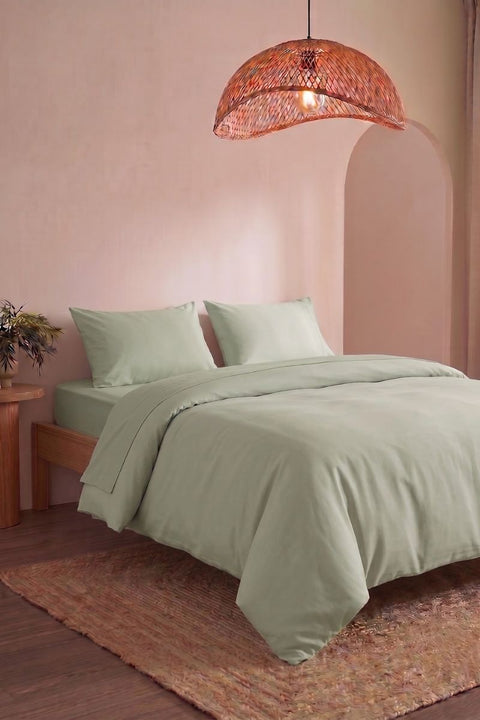 Tea Green - Classic Cotton Duvet Cover With Pillowcases (300 TC)