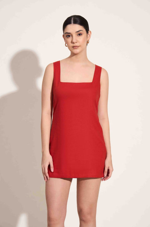 100% Linen Mini Dress with Square Neck| Red