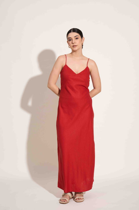 100% Linen Tie Back Slip Dress | Red