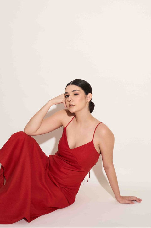 100% Linen Tie Back Slip Dress | Red