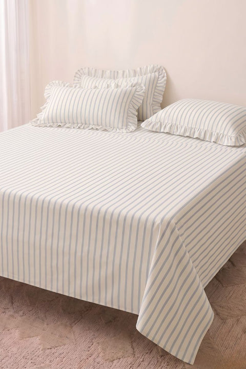 Sky & Sand - 100% Organic Cotton Stripe Bedsheet with Ruffle Pillow Covers (300 TC)