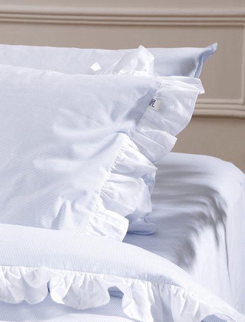 100% Organic Cotton Pin Stripe Bedsheet with Ruffle Pillow Covers (300 TC)- Blue & White