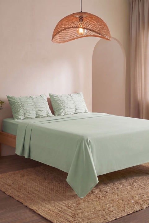 Tea Green- Classic Cotton Bedsheet with Gather Pillowcases (300 TC)