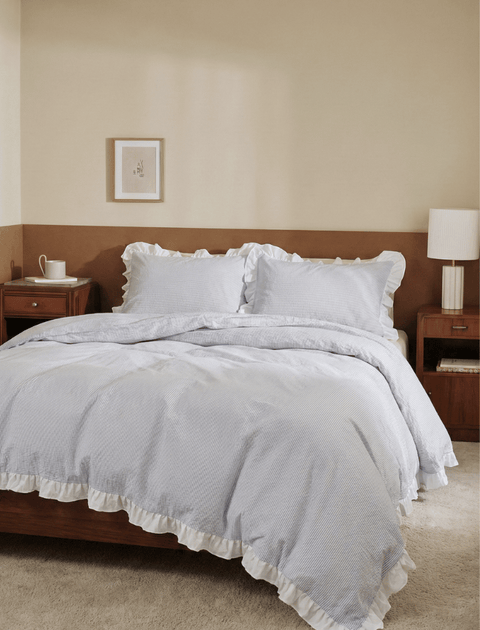 100% Organic Cotton Pin Stripe Ruffle Duvet Cover- Black & White (300 TC)