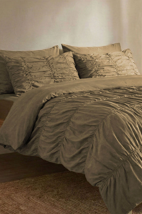 Mocha- Classic Cotton Gather Duvet Cover With Pillowcases (300 TC)
