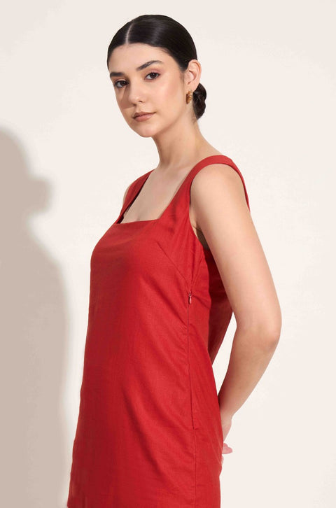 100% Linen Mini Dress with Square Neck| Red