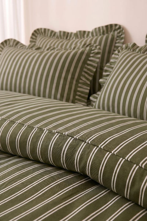 Spinach & Cream - 100% Organic Cotton Stripe Ruffle Duvet Cover (300 TC)