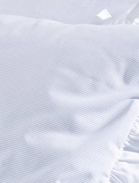 100% Organic Cotton Pin Stripe Bedsheet with Ruffle Pillow Covers (300 TC)- Blue & White