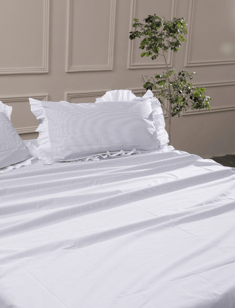 100% Organic Cotton Pin Stripe Bedsheet with Ruffle Pillow Covers (300 TC)- Black & White