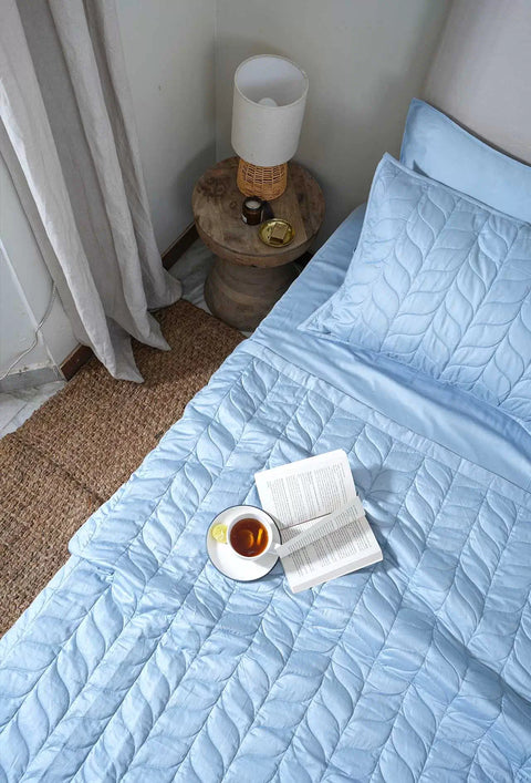 Sky Blue Cotton Quilted Bed Cover Set (Leaf Pattern)