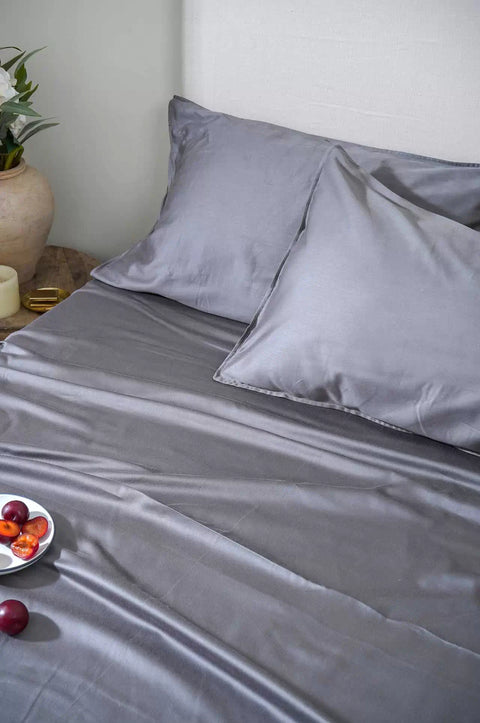 Charcoal Cotton Sateen Bed Sheet With Pillow Covers (300TC)