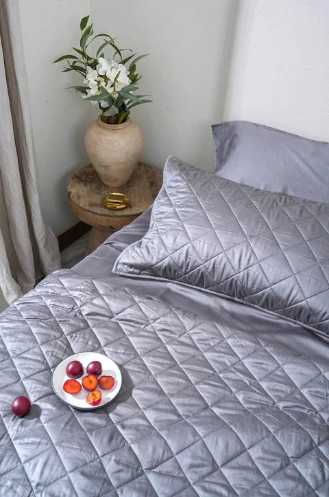 Dark grey diamond pattern cotton quilted bed cover set  