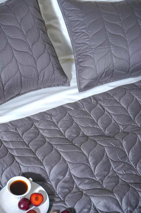 Dark grey stylish leaf pattern quilted bed cover set by Linen on Me