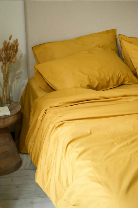100% Organic Cotton Duvet Cover With Pillowcases- Mustard Yellow (300 TC)