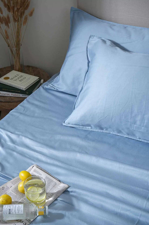 Sky Cotton Sateen Bed Sheets With Pillow Covers (300TC)