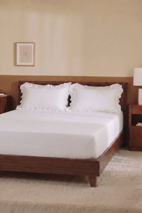 White 100% Organic Cotton Bedsheet With Ruffled Pillowcases (300TC)
