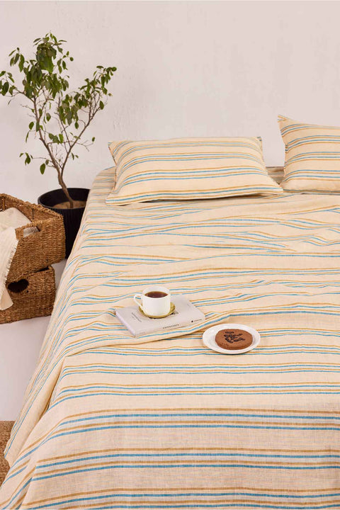 Pina Colada Stripe- 100% Linen Bedsheet with Pillow Covers