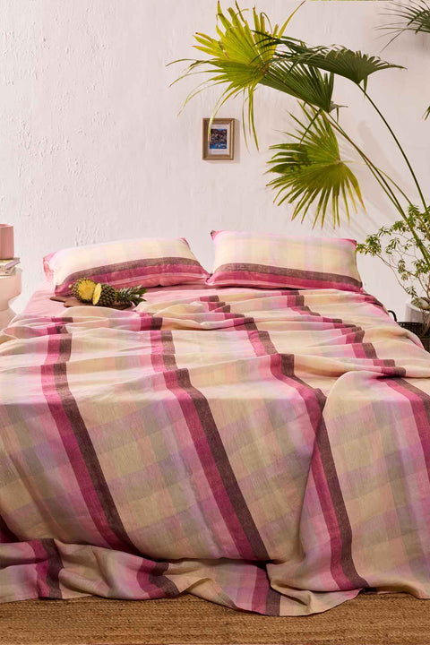 Cherry Blossom Checks- 100% Linen Bedsheet with Pillow Covers