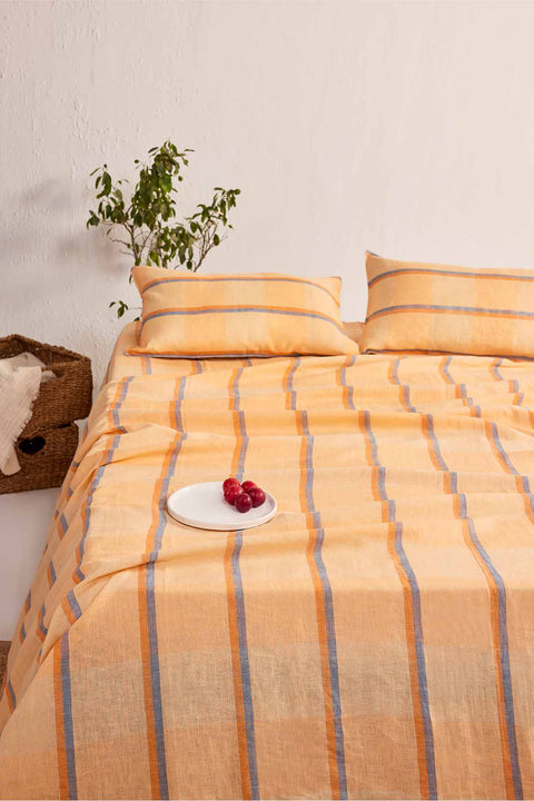 Orange Sorbet Checks- 100% Linen Bedsheet with Pillow Covers