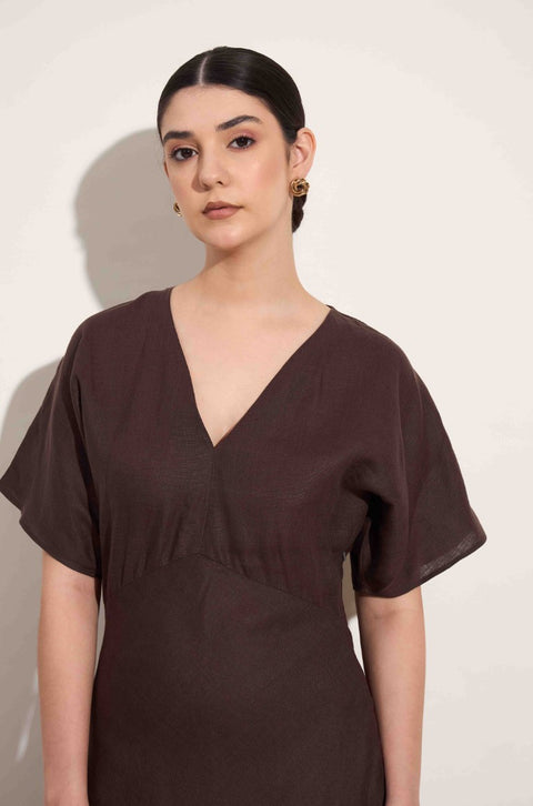 100% Linen V Neck Dress – Cocoa