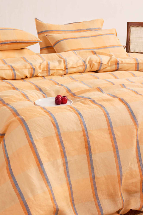 Orange Sorbet Checks- 100% Linen Duvet Cover with Pillowcases