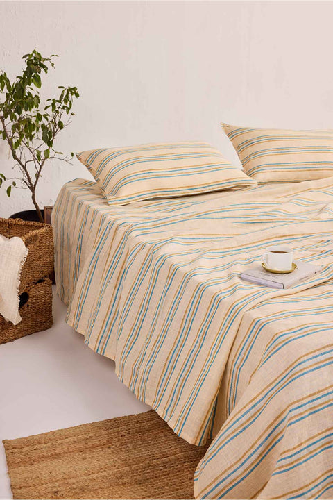 Pina Colada Stripe- 100% Linen Bedsheet with Pillow Covers