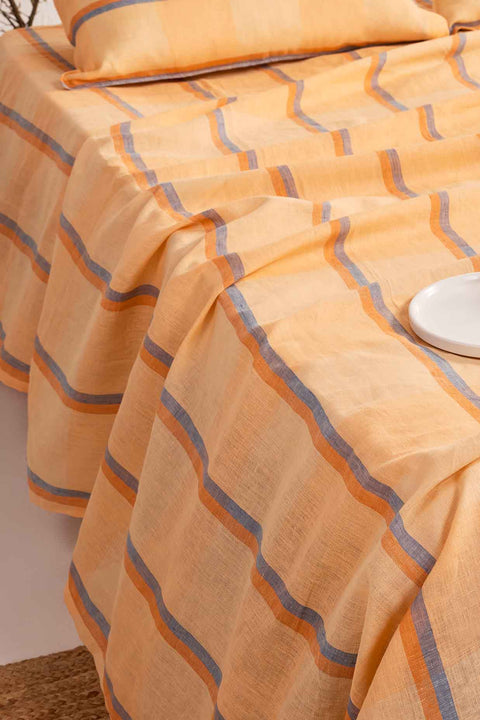 Orange Sorbet Checks- 100% Linen Bedsheet with Pillow Covers
