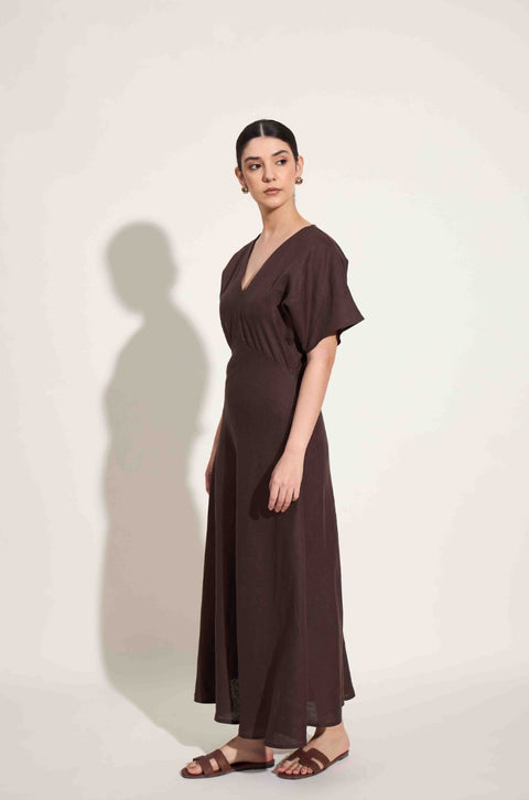 100% Linen V Neck Dress – Cocoa