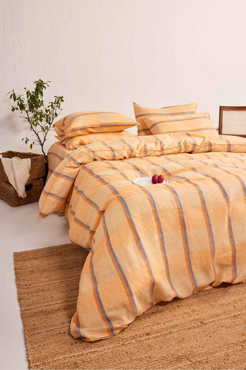 Orange Sorbet Checks- 100% Linen Duvet Cover with Pillowcases