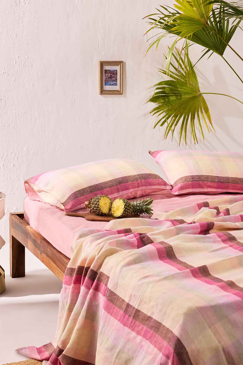 Cherry Blossom Checks- 100% Linen Bedsheet with Pillow Covers