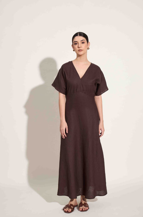 100% Linen V Neck Dress – Cocoa