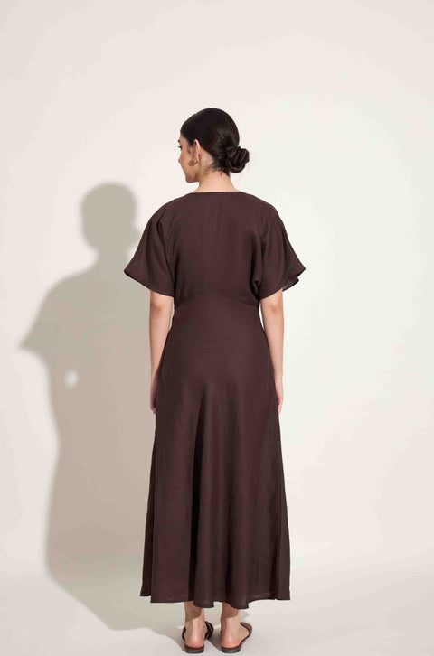 100% Linen V Neck Dress – Cocoa
