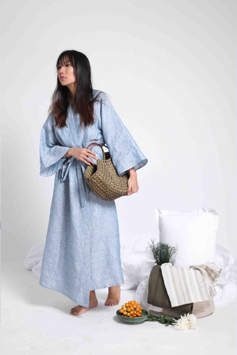 Linen Robe- Blue Chambray ( Free Size)